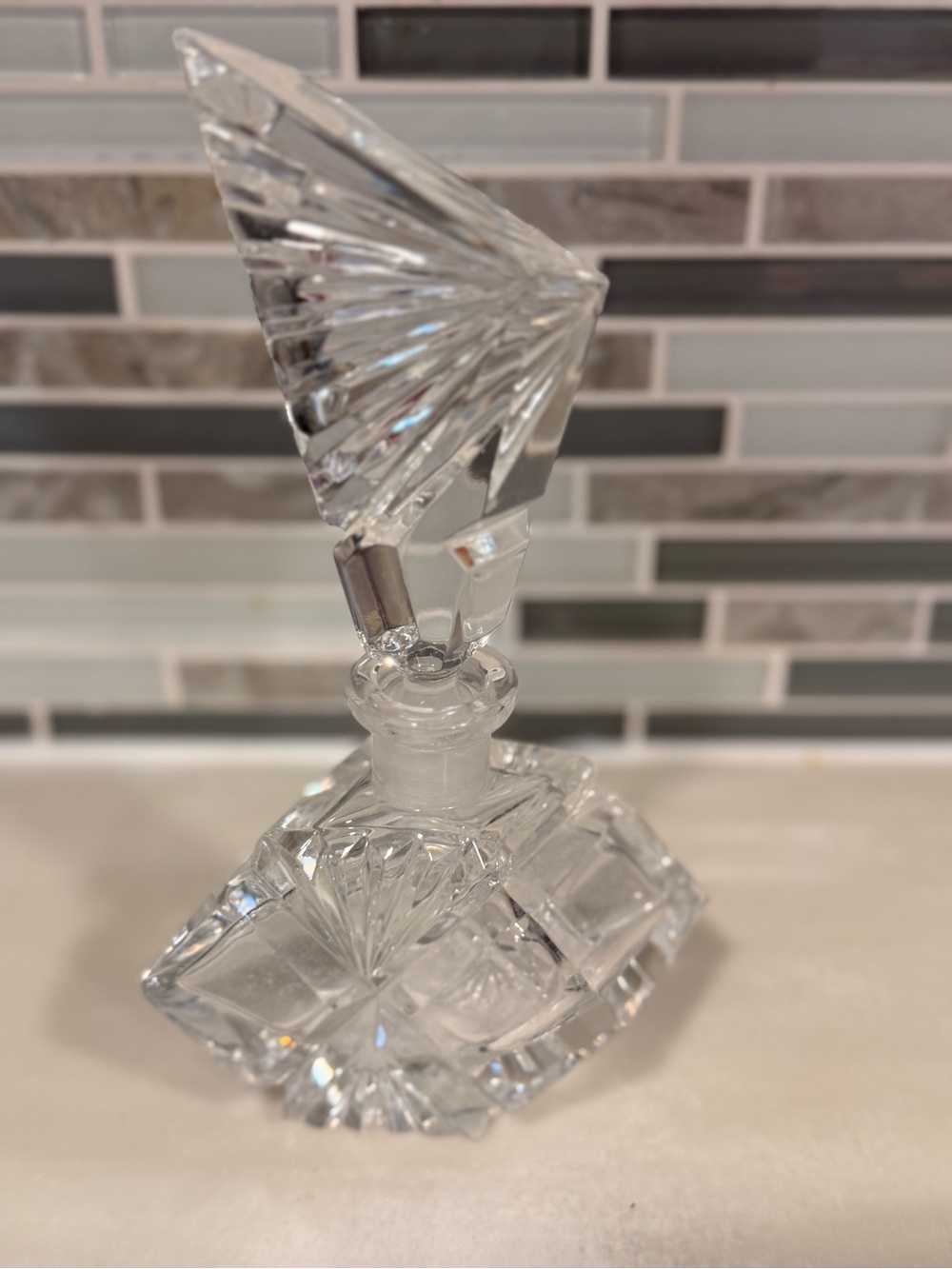 Vintage Faceted Crystal Art Deco Perfume Bottle 7.25" Tall